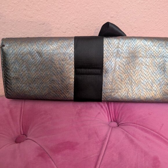 Iridescent Gray Rectangle Clutch Purse with Black Bow - Picture 3 of 8